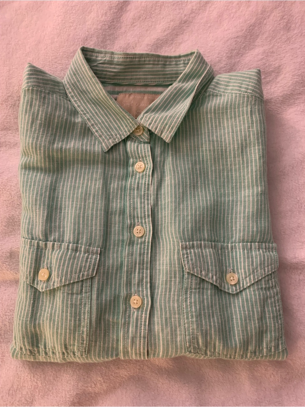 Banana Republic Soft Wash Linen Cotton Mint Green and White Pinstripe Shirt M - Picture 16 of 16